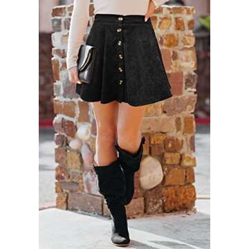 HERBATOMIA Women’s Black A-line Mini Skirt Button Front Pleated High Elastic Waist Corduroy Skater...