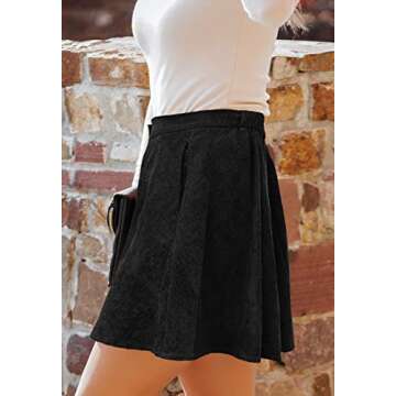 HERBATOMIA Women’s Black A-line Mini Skirt Button Front Pleated High Elastic Waist Corduroy Skater Skirts for Women with Pocket
