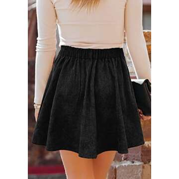HERBATOMIA Women’s Black A-line Mini Skirt Button Front Pleated High Elastic Waist Corduroy Skater Skirts for Women with Pocket
