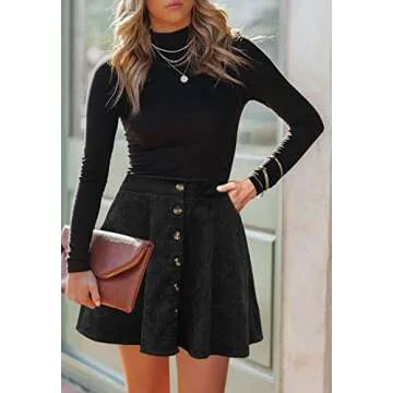 HERBATOMIA Women’s Black A-line Mini Skirt Button Front Pleated High Elastic Waist Corduroy Skater Skirts for Women with Pocket
