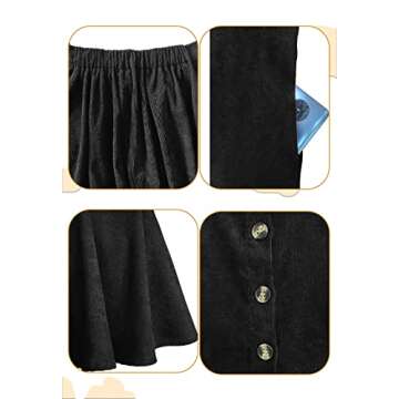HERBATOMIA Women’s Black A-line Mini Skirt Button Front Pleated High Elastic Waist Corduroy Skater Skirts for Women with Pocket