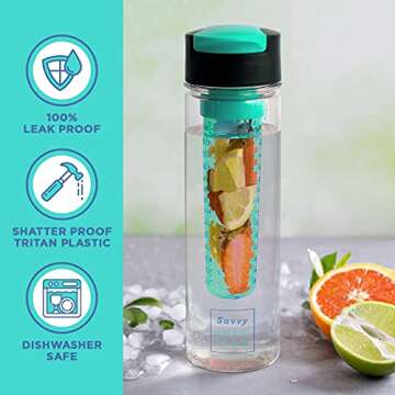 Savvy Infusion Flip Top Fruit Infuser Water Bottle - Unique Leak Proof Lid for Hikes, Outdoors - Dishwasher Safe Made with Tritan Shatter Proof Plastic - Great Gifts for Women - 24 Ounces Teal