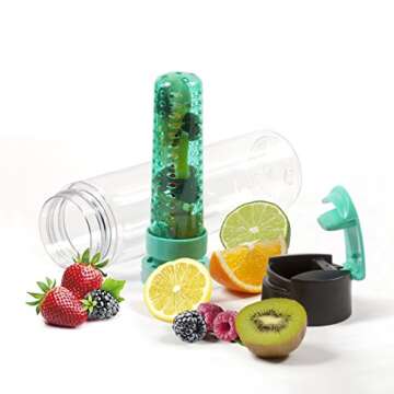 Savvy Infusion Flip Top Fruit Infuser Water Bottle - Unique Leak Proof Lid for Hikes, Outdoors - Dishwasher Safe Made with Tritan Shatter Proof Plastic - Great Gifts for Women - 24 Ounces Teal