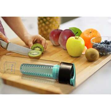 Savvy Infusion Flip Top Fruit Infuser Water Bottle - Unique Leak Proof Lid for Hikes, Outdoors - Dishwasher Safe Made with Tritan Shatter Proof Plastic - Great Gifts for Women - 24 Ounces Teal