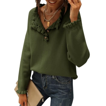 BTFBM Womens Sweaters Fall Winter Clothes 2025 Long Sleeve Button Down Ruffle Crew Neck Casual Knitt...