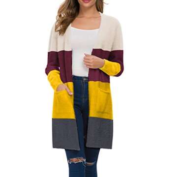 QIXING Women's Casual Open Front Knit Cardigans Long Sleeve Plush Sweater Coat with Pockets