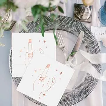 50 Pcs Wedding Napkins 3 Ply Rose Gold Cocktail Beverage Dessert Bridal Shower White Paper Disposable Napkins with Rose Gold Foil Ring Finger Design for Engagement Party Decorations
