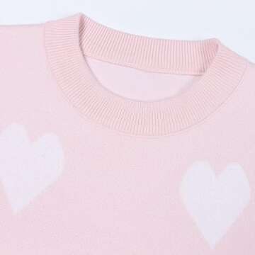 shermie Women's Cute Heart Knitted Sweater Long Sleeve Crew Neck Loose Casual Pullover Sweaters Pink 1 X-Large