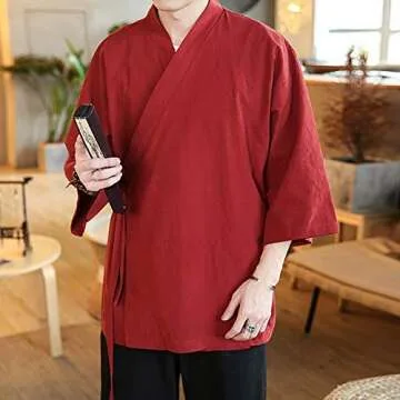 StarDY Mens Chinese Style Linen Cardigan Wrap Front Loose Fit Kimono Jacket Solid Color Self Tie Hanfu Top Cover Up Traditional Clothing (Red, L)