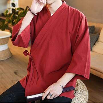 StarDY Mens Chinese Style Linen Cardigan Wrap Front Loose Fit Kimono Jacket Solid Color Self Tie Hanfu Top Cover Up Traditional Clothing (Red, L)