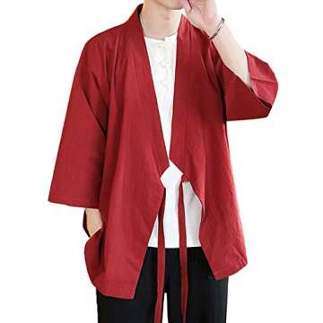 StarDY Mens Chinese Style Linen Cardigan Wrap Front Loose Fit Kimono Jacket Solid Color Self Tie Hanfu Top Cover Up Traditional Clothing (Red, L)