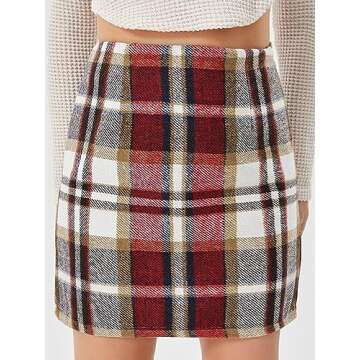 Scacto Women's Casual High Waist Plaid Skirt Bodycon Pencil Wool Mini Skirts A Red