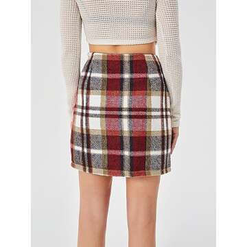 Scacto Women's Casual High Waist Plaid Skirt Bodycon Pencil Wool Mini Skirts A Red