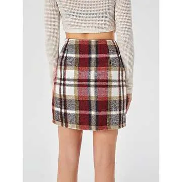 Scacto Women's Casual High Waist Plaid Skirt Bodycon Pencil Wool Mini Skirts A Red