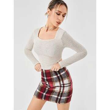 Scacto Women's Casual High Waist Plaid Skirt Bodycon Pencil Wool Mini Skirts A Red