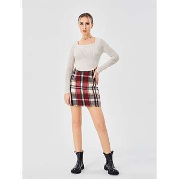 Scacto Women's Casual High Waist Plaid Skirt Bodycon Pencil Wool Mini Skirts A Red