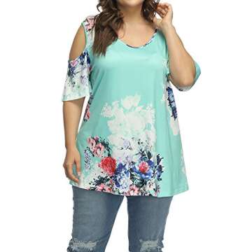 ALLEGRACE Women's Plus Size Floral Printing Cold Shoulder Tunic Top Short Sleeve V Neck T Shirts Lake Blue 4X