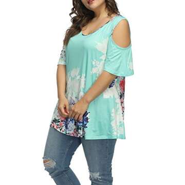 ALLEGRACE Women's Plus Size Floral Printing Cold Shoulder Tunic Top Short Sleeve V Neck T Shirts Lake Blue 4X