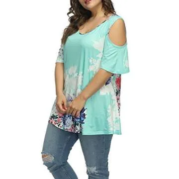 ALLEGRACE Women's Plus Size Floral Printing Cold Shoulder Tunic Top Short Sleeve V Neck T Shirts Lake Blue 4X