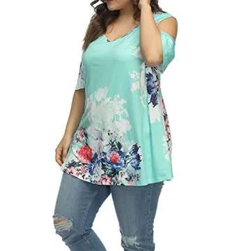 ALLEGRACE Women's Plus Size Floral Printing Cold Shoulder Tunic Top Short Sleeve V Neck T Shirts Lake Blue 4X
