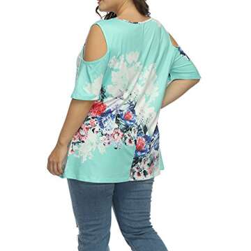 ALLEGRACE Women's Plus Size Floral Printing Cold Shoulder Tunic Top Short Sleeve V Neck T Shirts Lake Blue 4X