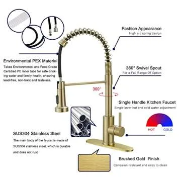 VOTON Kitchen Faucets with Pull Out Sprayer Commercial Spring Sink Faucet Stainless Steel Brushed Gold Pull Down Single Handle Farmhouse faucets with Deck Plate for Camper Laundry Utility Rv Wet Bar