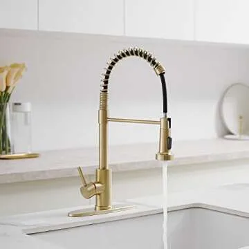 VOTON Kitchen Faucets with Pull Out Sprayer Commercial Spring Sink Faucet Stainless Steel Brushed Gold Pull Down Single Handle Farmhouse faucets with Deck Plate for Camper Laundry Utility Rv Wet Bar