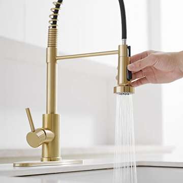 VOTON Kitchen Faucets with Pull Out Sprayer Commercial Spring Sink Faucet Stainless Steel Brushed Gold Pull Down Single Handle Farmhouse faucets with Deck Plate for Camper Laundry Utility Rv Wet Bar