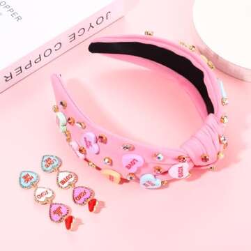 Valentine’s Day Headband for Women Love XOXO Heart Headbands Jeweled Conversation Heart Knotted Headband Pink Red Rhinestone Crystal Top Knot Headband Valentine’s Day Accessories Gifts (Pink Set 1)