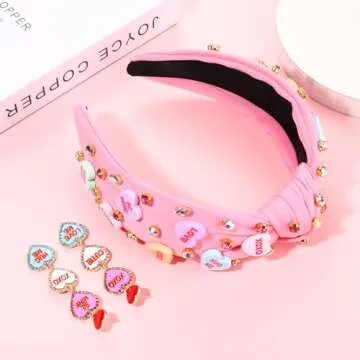 Valentine’s Day Headband for Women Love XOXO Heart Headbands Jeweled Conversation Heart Knotted Headband Pink Red Rhinestone Crystal Top Knot Headband Valentine’s Day Accessories Gifts (Pink Set 1)