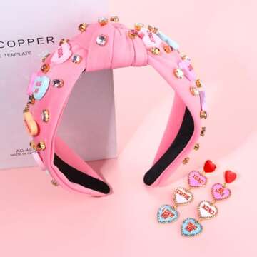 Valentine’s Day Headband for Women Love XOXO Heart Headbands Jeweled Conversation Heart Knotted Headband Pink Red Rhinestone Crystal Top Knot Headband Valentine’s Day Accessories Gifts (Pink Set 1)