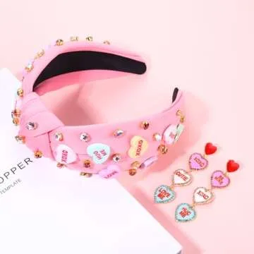 Valentine’s Day Headband for Women Love XOXO Heart Headbands Jeweled Conversation Heart Knotted Headband Pink Red Rhinestone Crystal Top Knot Headband Valentine’s Day Accessories Gifts (Pink Set 1)