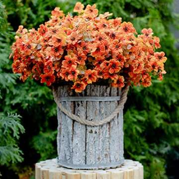 AXYLEX Artificial Fall Flowers Outdoor Fake Mums - 16 Bundles Fake Plants UV Resistant No Fade Faux Plastic Greenery Garden Porch Patio Fall Home Decor (Orangegreen)