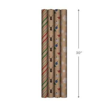 Hallmark Recyclable Christmas Wrapping Paper for Kids with Cut Lines on Reverse (4 Rolls: 88 sq. ft. ttl) Kraft Brown with Christmas Lights, Deer, Snowflakes, Red, Green, Blue Stripes (0005JXW1212)