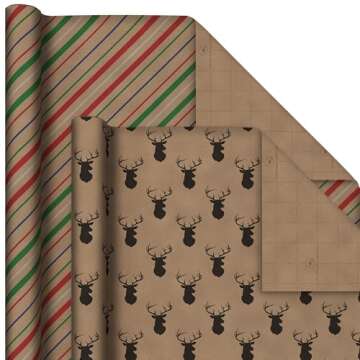 Hallmark Recyclable Christmas Wrapping Paper for Kids with Cut Lines on Reverse (4 Rolls: 88 sq. ft. ttl) Kraft Brown with Christmas Lights, Deer, Snowflakes, Red, Green, Blue Stripes (0005JXW1212)