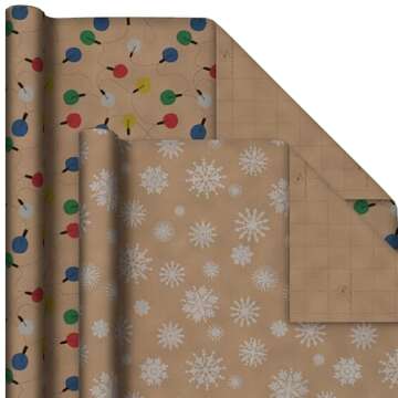 Hallmark Recyclable Christmas Wrapping Paper for Kids with Cut Lines on Reverse (4 Rolls: 88 sq. ft. ttl) Kraft Brown with Christmas Lights, Deer, Snowflakes, Red, Green, Blue Stripes (0005JXW1212)