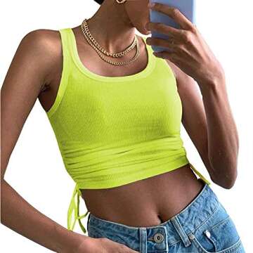 Artfish Women's Sleeveless Shirt Ribbed Fitted Scoop Neck Basic Crop Tank Top Cotton Drawstring Side...