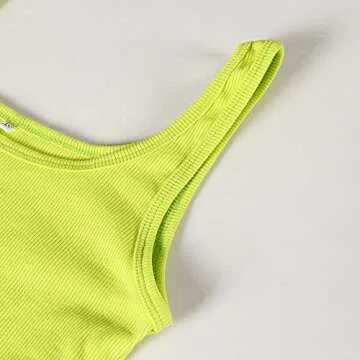 Artfish Women's Sleeveless Shirt Ribbed Fitted Scoop Neck Basic Crop Tank Top Cotton Drawstring Side Ruched Rave 80s Lime Neon Green,XS