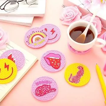Lallisa 8 Pcs Preppy Car Coasters Pink Car Accessories for Woman Smile Face Leopard Cup Holder Preppy Drink Coaster Anti Slip Heat Resistant Cup Mat for Auto Home Office Table 2.8''(Silicone)