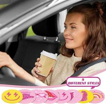 Lallisa 8 Pcs Preppy Car Coasters Pink Car Accessories for Woman Smile Face Leopard Cup Holder Preppy Drink Coaster Anti Slip Heat Resistant Cup Mat for Auto Home Office Table 2.8''(Silicone)