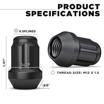 White Knight M12x1.5 Thread Lug Nuts - Matte Black Set with Key - Durable & Stylish