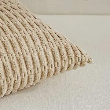 Fancy Homi 2 Packs Tan Decorative Throw Pillow Covers 18x18 Inch for Living Room Couch Bed Sofa, Soft Striped Corduroy Square Cushion Case 45x45 cm, Beige Rustic Farmhouse Boho Home Decor