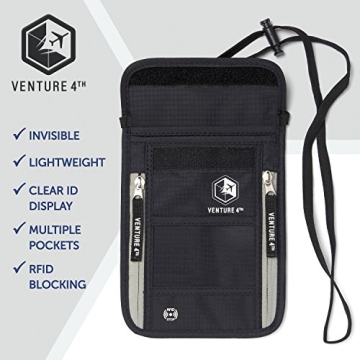 VENTURE 4TH Passport Holder Neck Wallet with RFID Blocking Nylon Lining - Hidden Neck Pouch for Travel (Black)