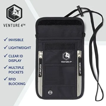 VENTURE 4TH Passport Holder Neck Wallet with RFID Blocking Nylon Lining - Hidden Neck Pouch for Travel (Black)