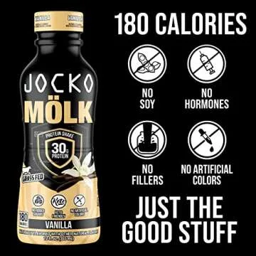 Jocko Mölk 30g Grass Fed Protein Shakes – No Added Sugar Protein Drinks KETO Friendly - Ready to Drink 12 FL Oz (Pack of 12) Vanilla