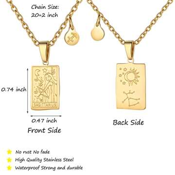 Zodiac Sign Necklace for Women Constellation Tarot Card Pendant Double Sided Gold Stainless Steel Waterproof NonTarnish Friendship Jewelry Gift（Sagittarius）