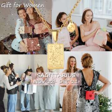 Zodiac Sign Necklace for Women Constellation Tarot Card Pendant Double Sided Gold Stainless Steel Waterproof NonTarnish Friendship Jewelry Gift（Sagittarius）