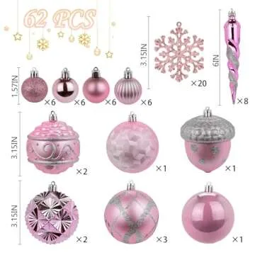 62Pcs Pink & Silver Christmas Balls Tree Ornament Set, Assorted 3.15'' 80mm Big Shatterproof Christm...