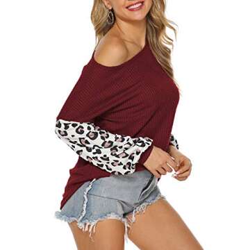 Kancystore Women's Loose Long Sleeve Tops Printed Color Block Tunic Shirts Red M