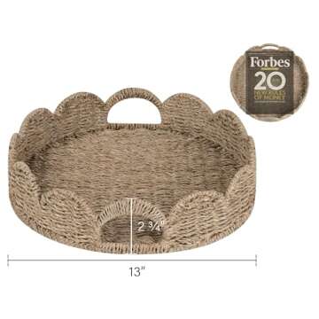 StorageWorks Scalloped Tray, Round Serving Tray with Handles, Round Wicker Tray Seagrass Basket Tabl...